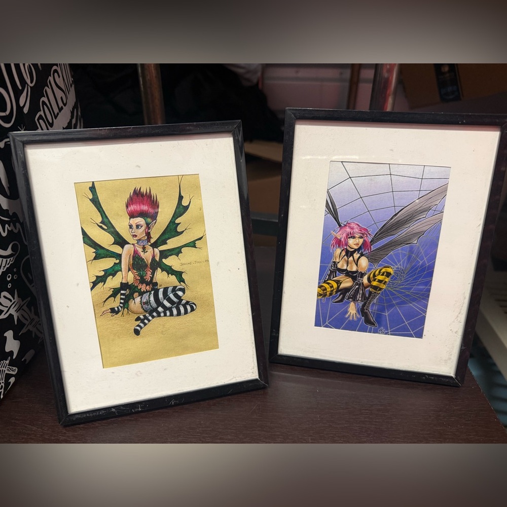 Framed Fairy pixie punk Art framed pics mystical x 2 folk cobweb web 4 x 6
